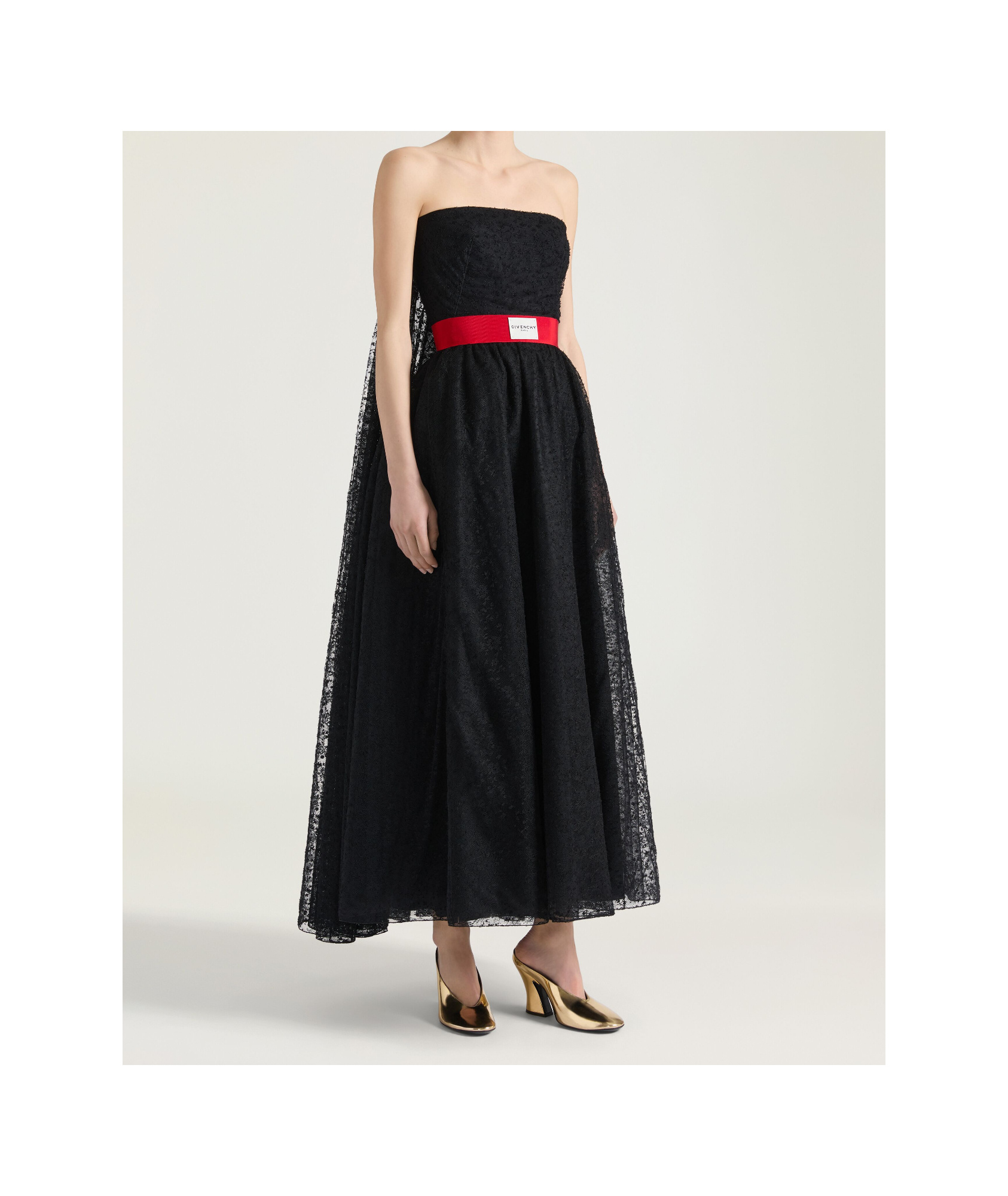 Givenchy Strapless Cape-effect Pleated Webbing-trimmed Lace Midi Dress In Black