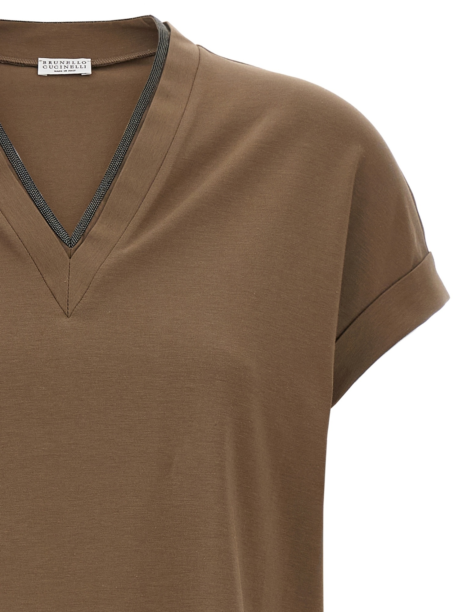 Brunello Cucinelli Rolled Cuffs V-neck Short Sleeve Top In Burgundy