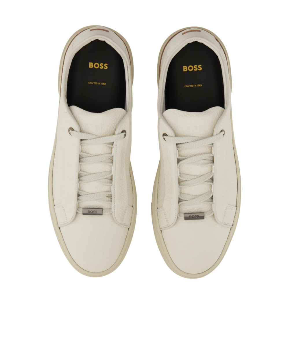 Hugo Boss Gary Tenn Mens Leather Low-top Trainers With Branded Lace Loop Nos In White