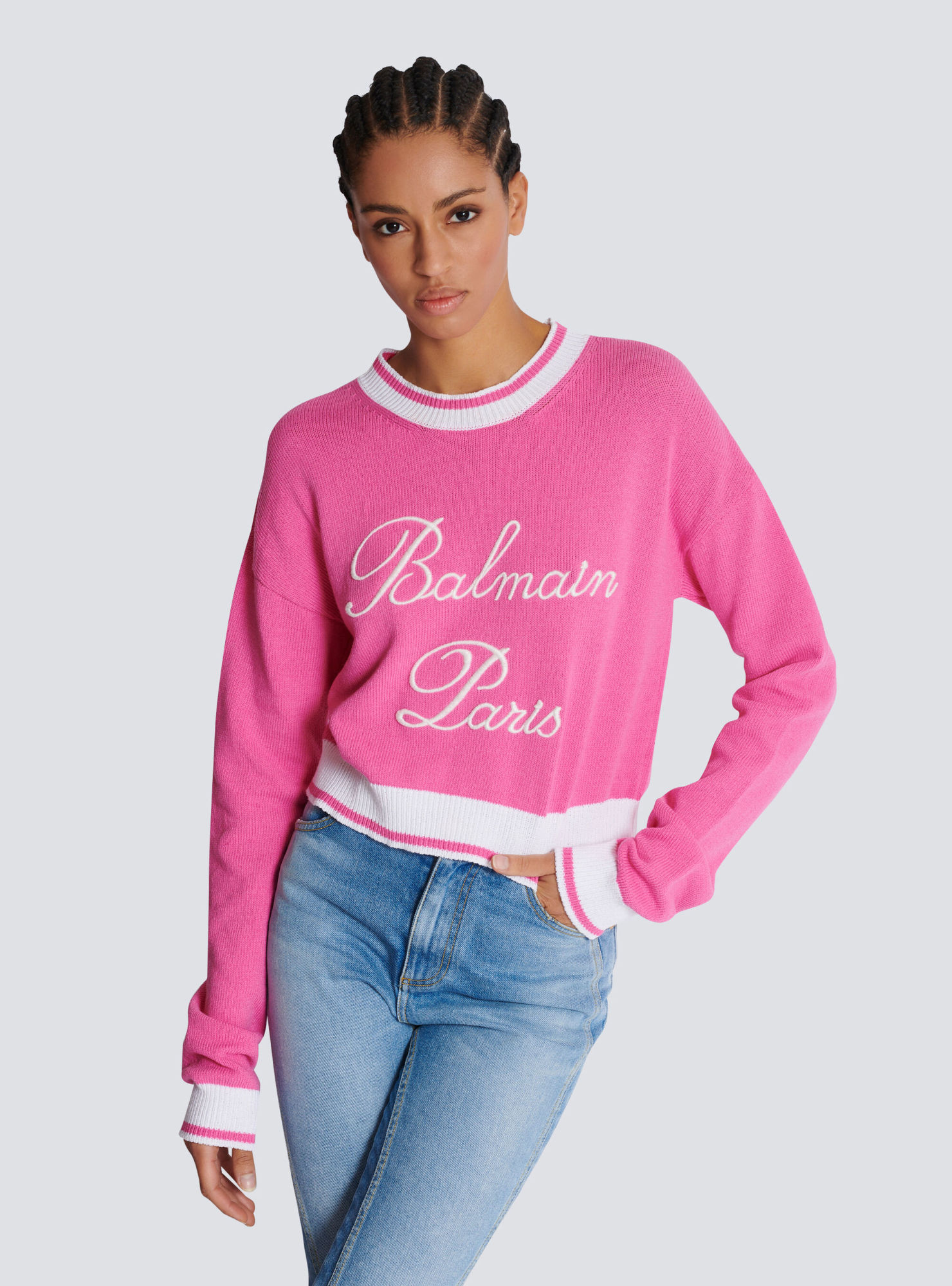Balmain Cotton-blend Embroidered-logo Sweater In Pink