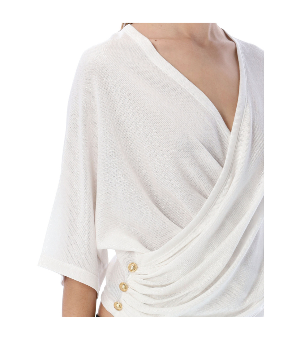 Balmain Metallic Wrap Jersey Top In White