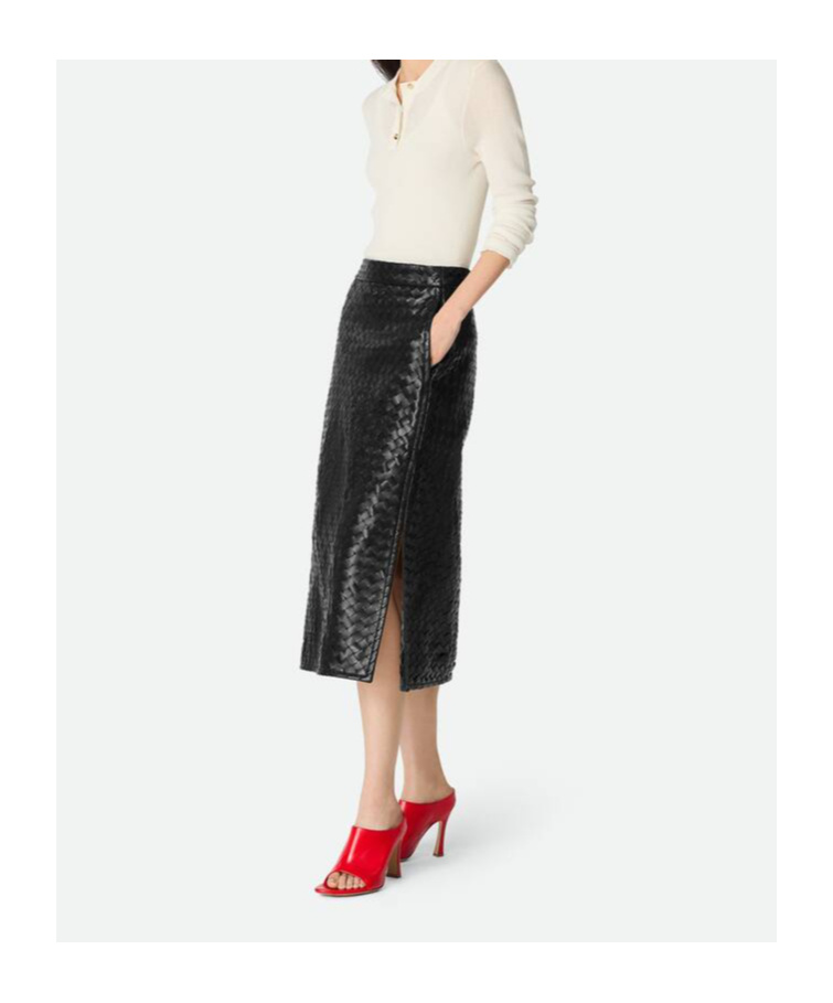 Bottega Veneta Womens Black Intrecciato Two-slip-pockets Leather Midi Skirt In Black
