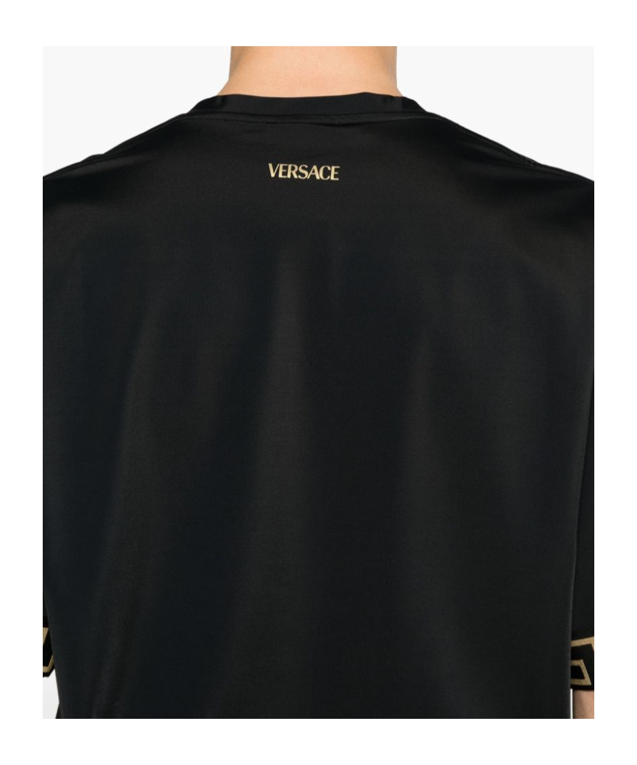 Versace Black Crewneckt-shirt With Contrasting Greca Motif In Stretch Polyamide Man In Black