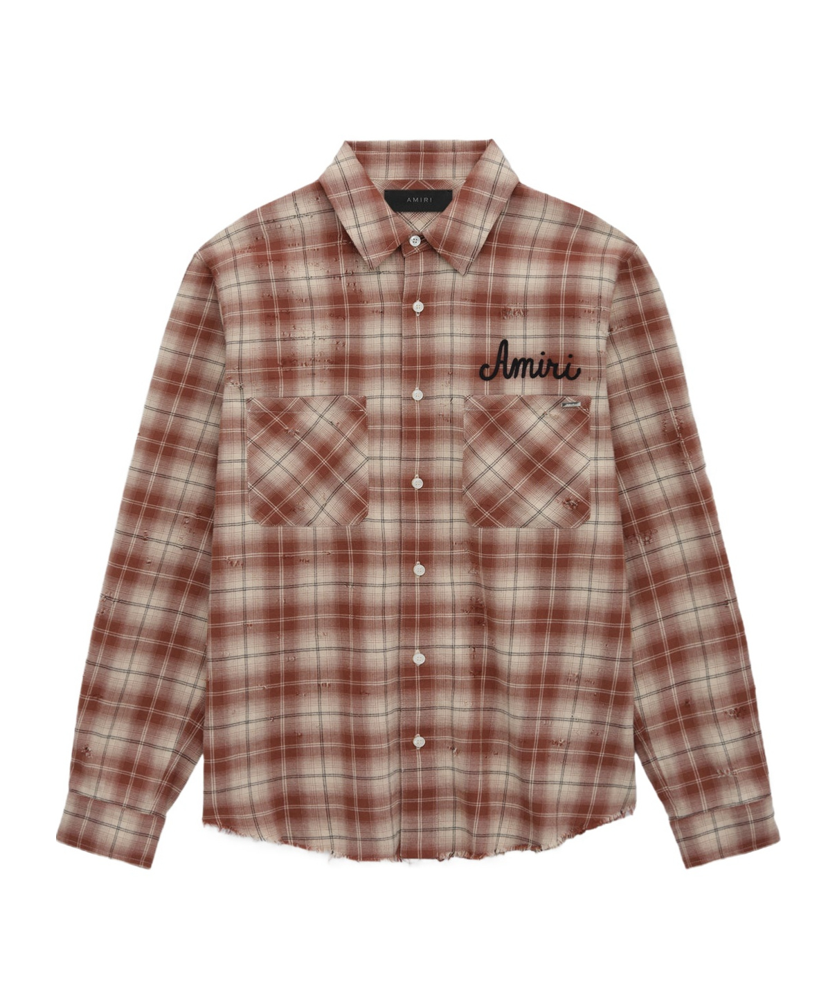 Amiri 'shotgun' Beige Shirt With Logo Print On Front And Rear And All-over Check Motif In Brown