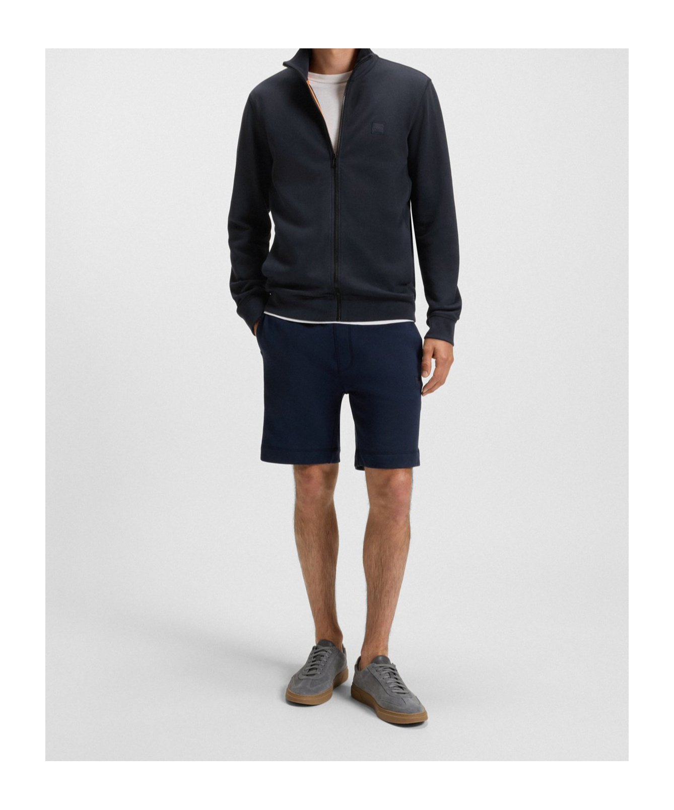 Hugo Boss Zip-up Jacket In Cotton Terry With Logo Badge In Blue