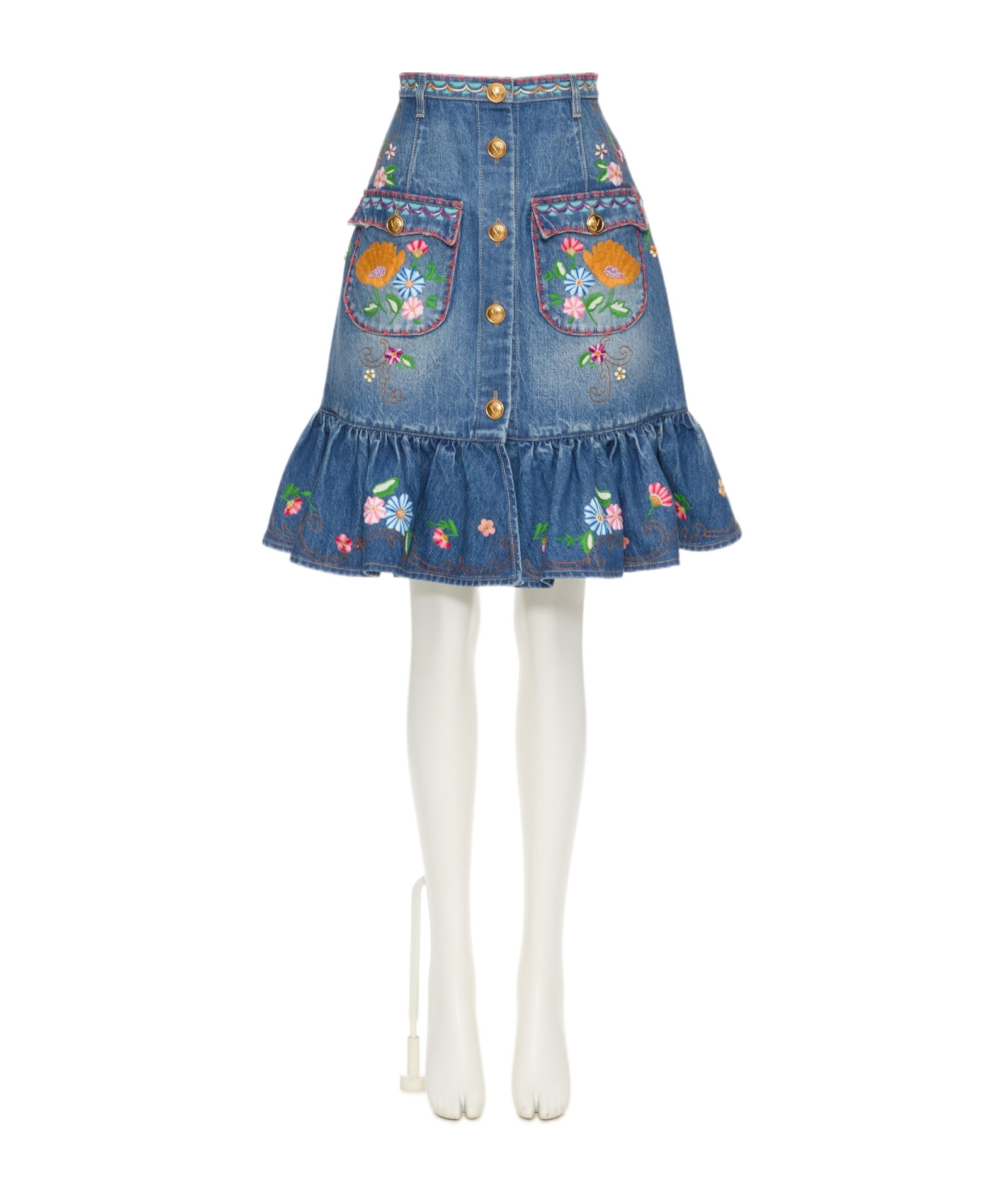 Valentino Floral-embroidered Midi Skirt In Blue
