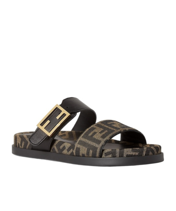 Fendi Black Leather And Brown Ff Fabric Slides In Black