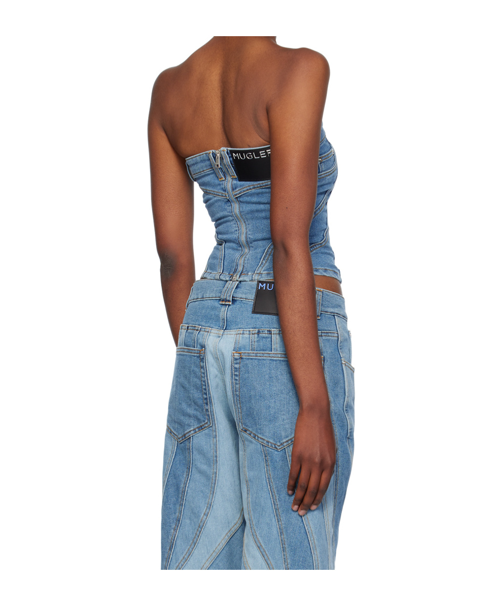 Mugler Spiral Denim Bustier In Blue
