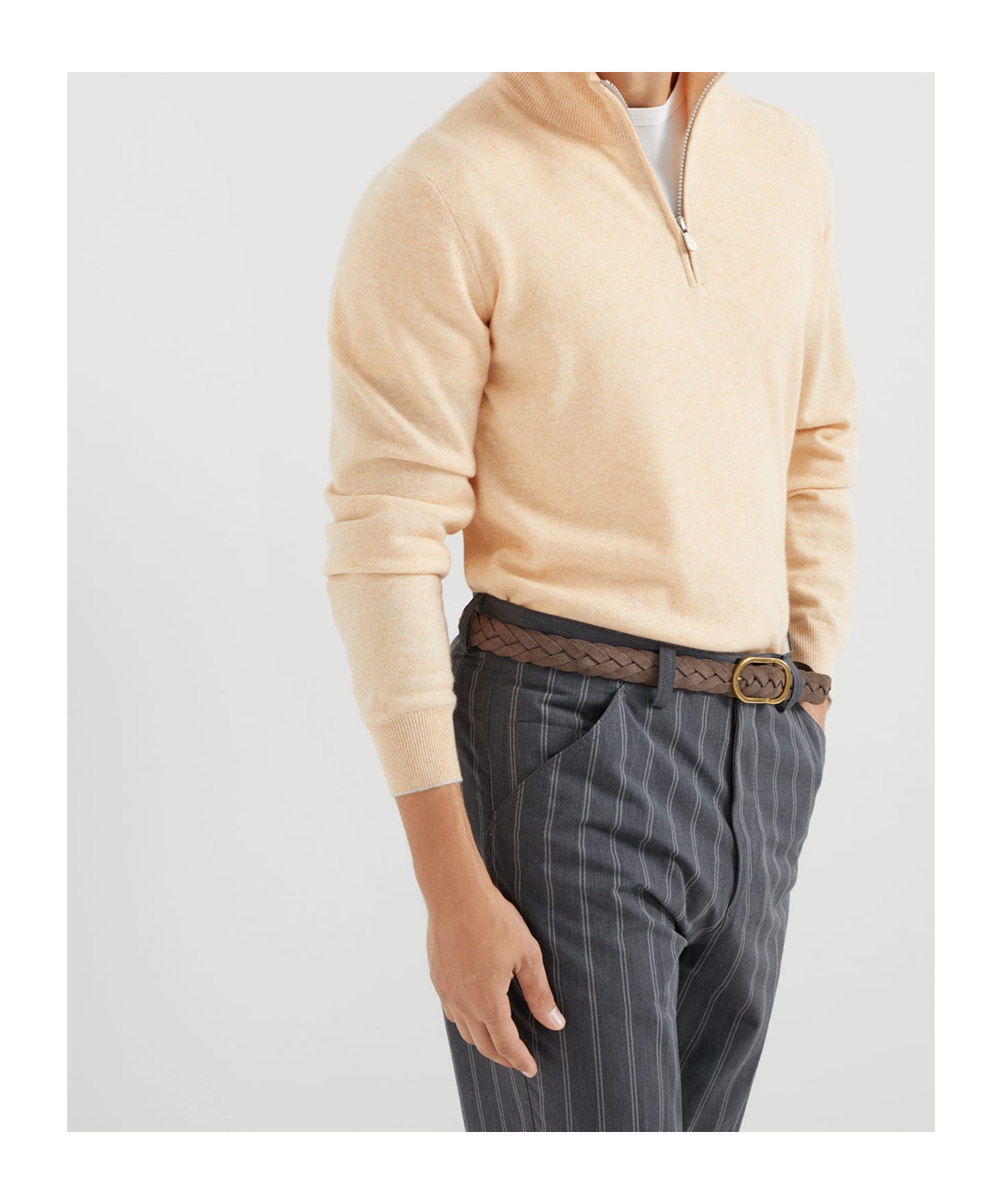 Brunello Cucinelli High-necked Cashmere Sweater With Zip Opening In Nude