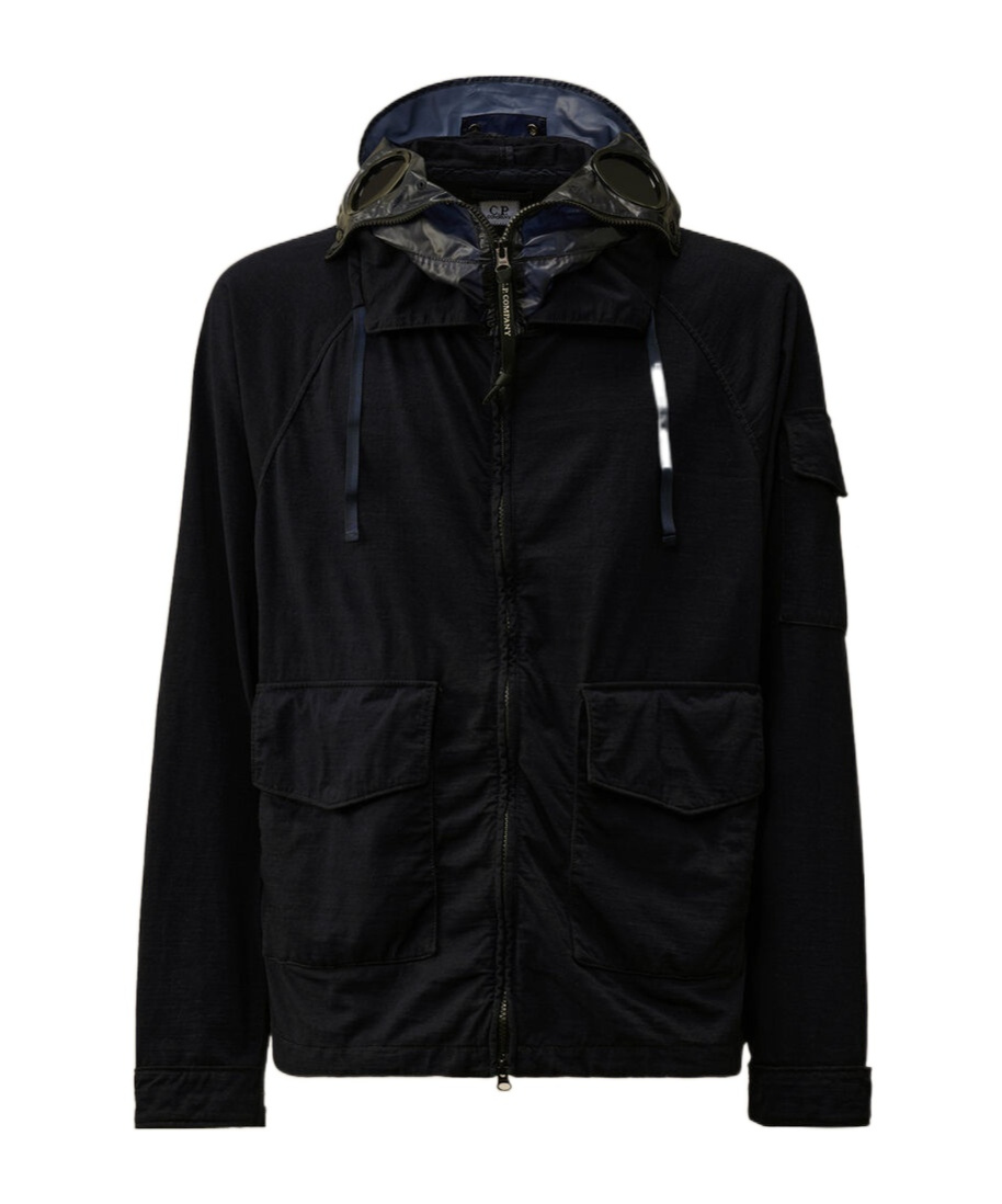 C.p. Company Blue Jacket With Explorer Hood And Adjustable Drawstring Waist In Tech Fabric Man In Black