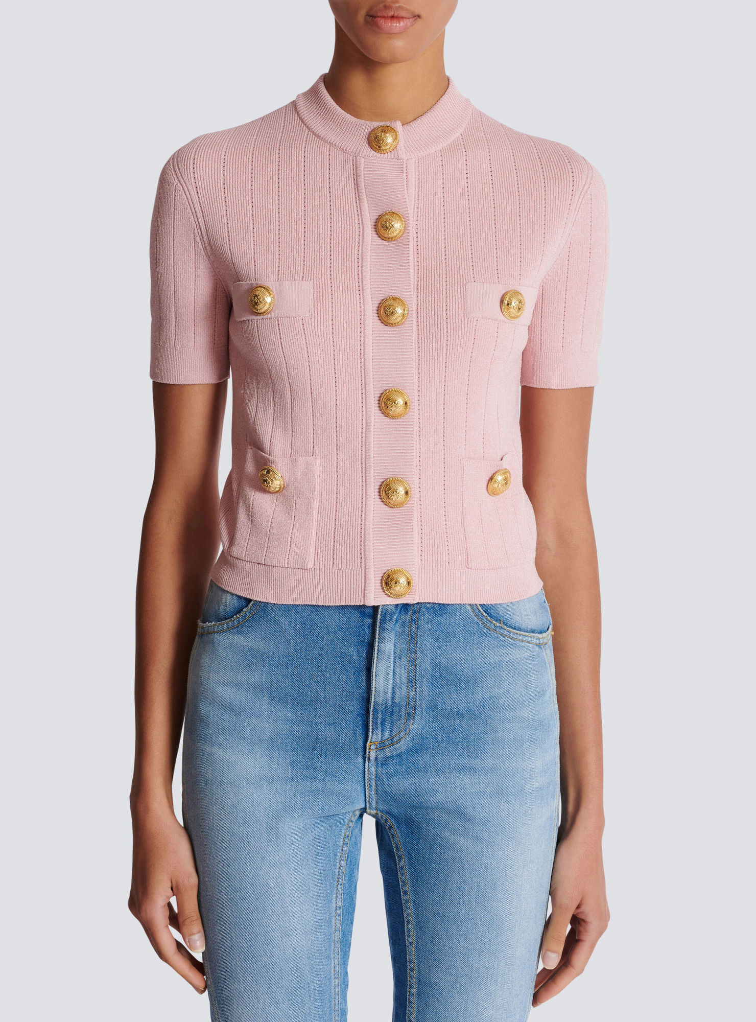 Balmain Ribbed-knit Cardigan In Pink