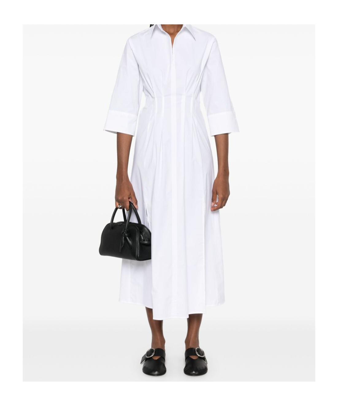 Seventy Pleated White Dress With Buttoned Cuffs And Side Slits