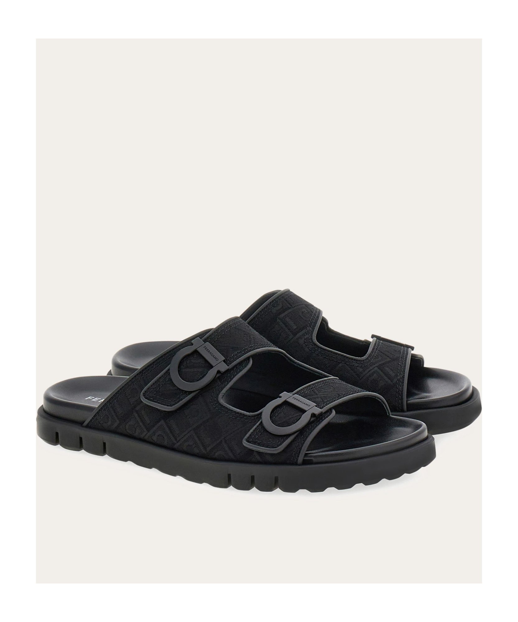 Ferragamo Logo Double Strap Slippers In Black