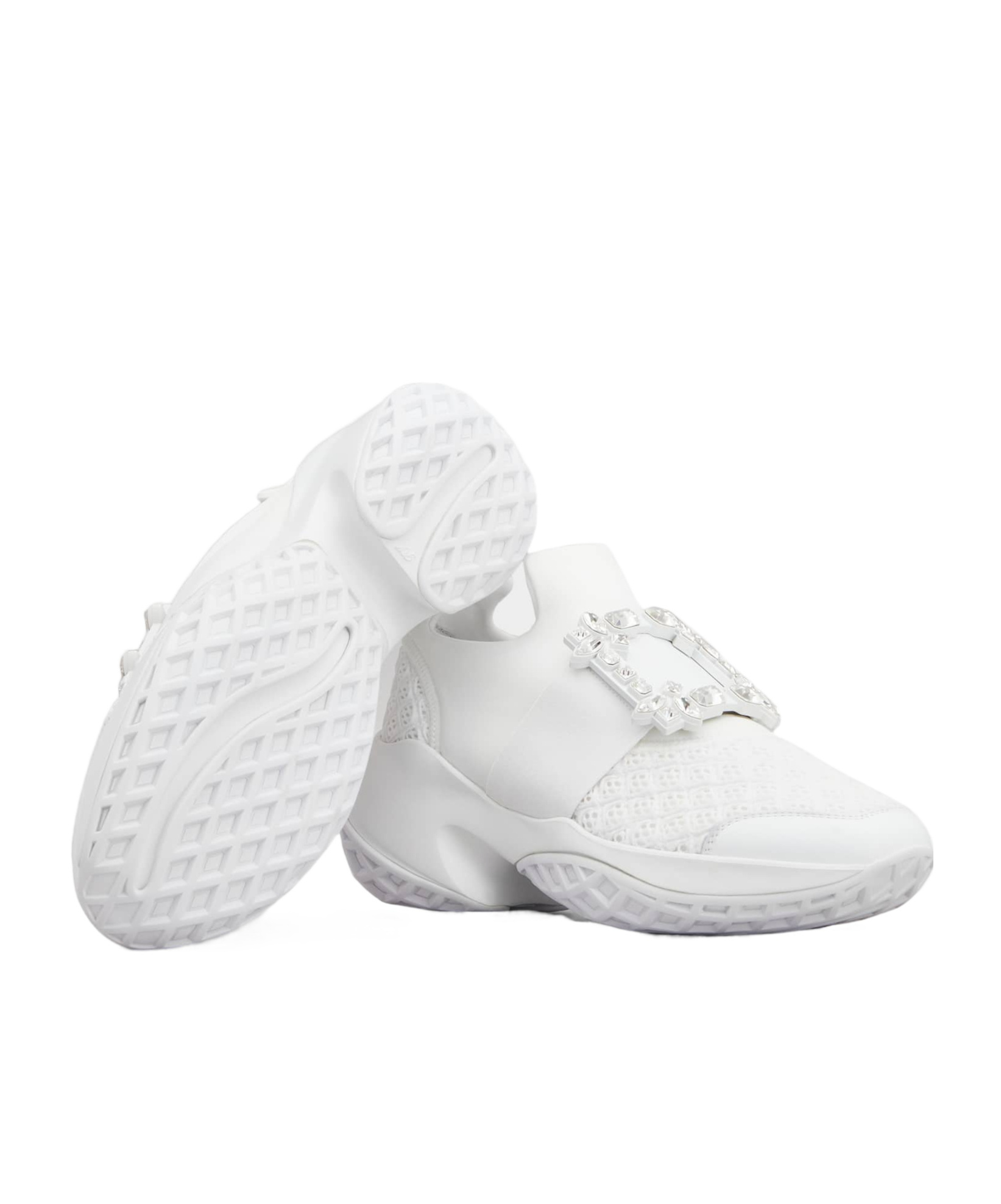 Roger Vivier Viv' Run White Trainers In Technical Fabric With Rhinestone Buckle In Bianco