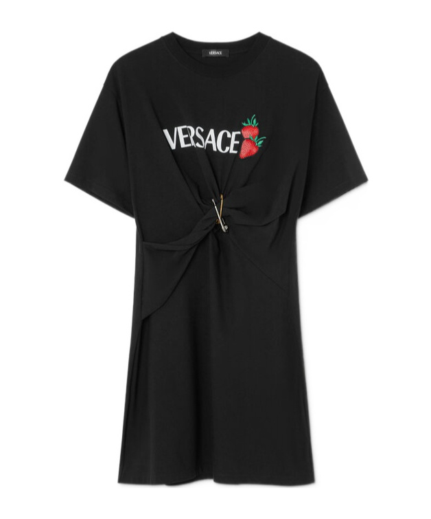 Versace Safety Pin Embroidered Mini T-shirt Dress In Black