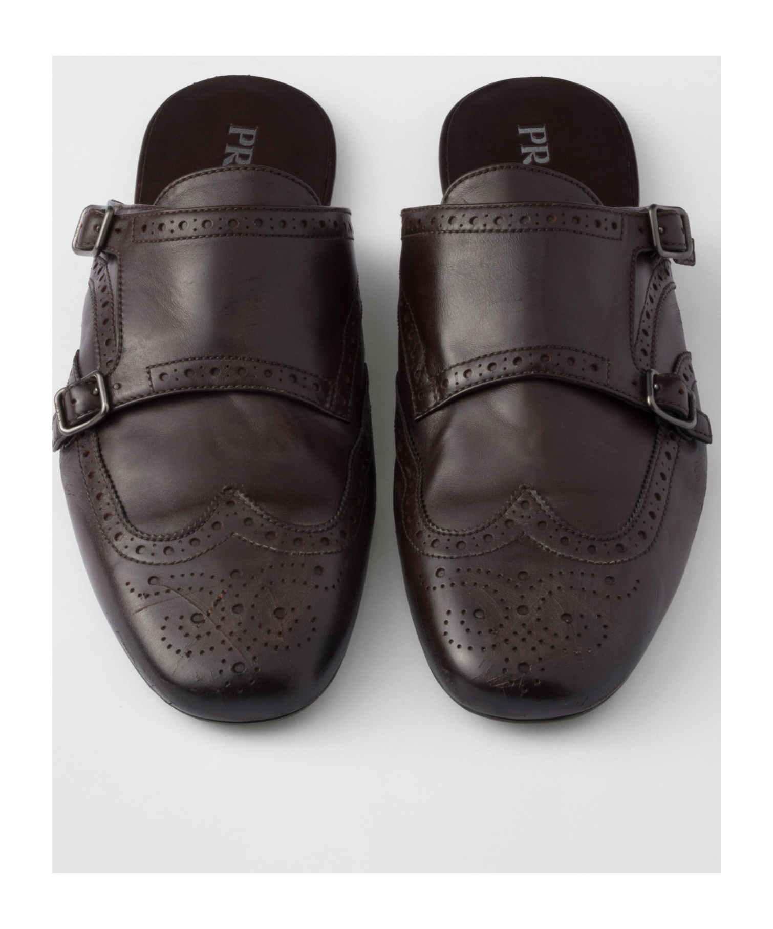 PRADA DOUBLE MONK STRAP LEATHER MULES