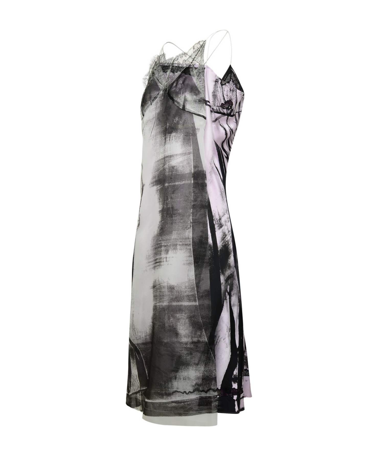 Maison Margiela Lace Trim Abstract-print Midi Slip Dress In Gray