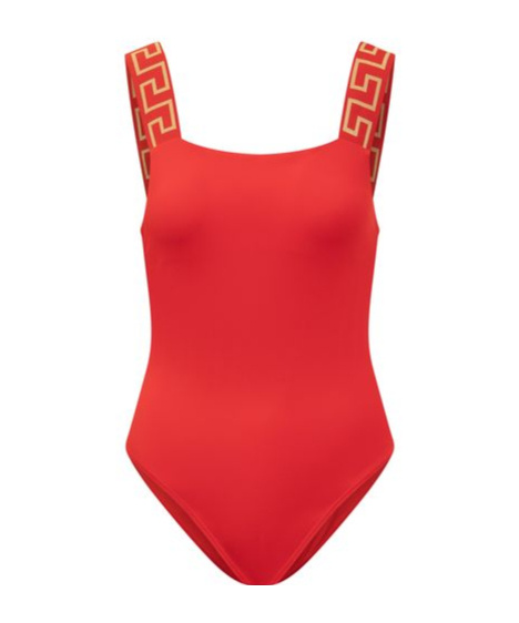 Versace Square-neck Greca-strap One-piece Swimsuit In Red
