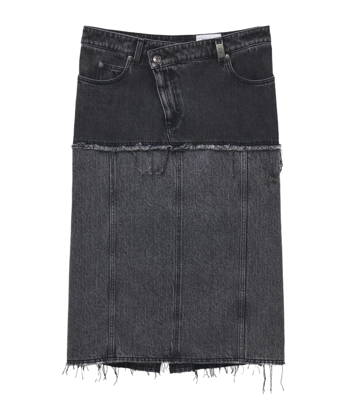 Alexander Mcqueen Mcqueen Two-tone Low Rise Denim Midi Skirt In Black