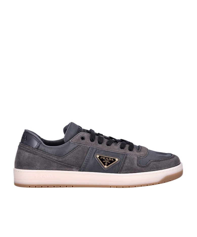 Prada Enamel-triangle Suede Sneakers In Black
