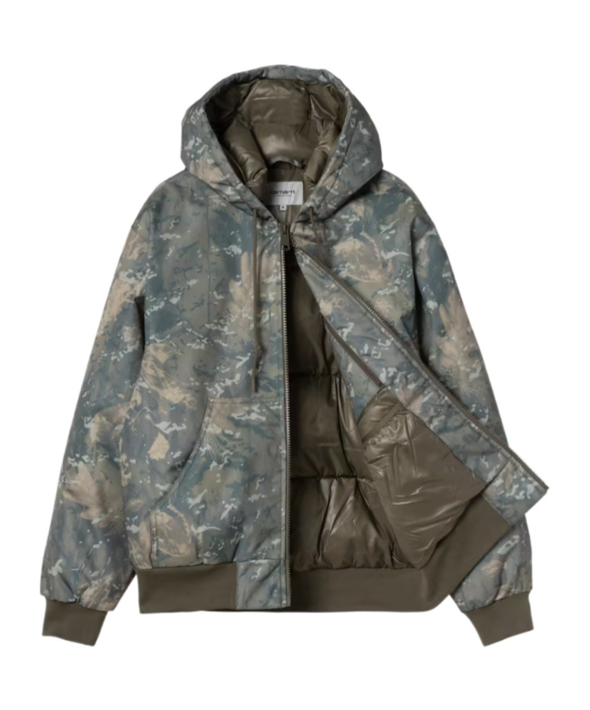 Carhartt Hooded Camouflage Jacket With Ribbed Cuffs And Hem In Green