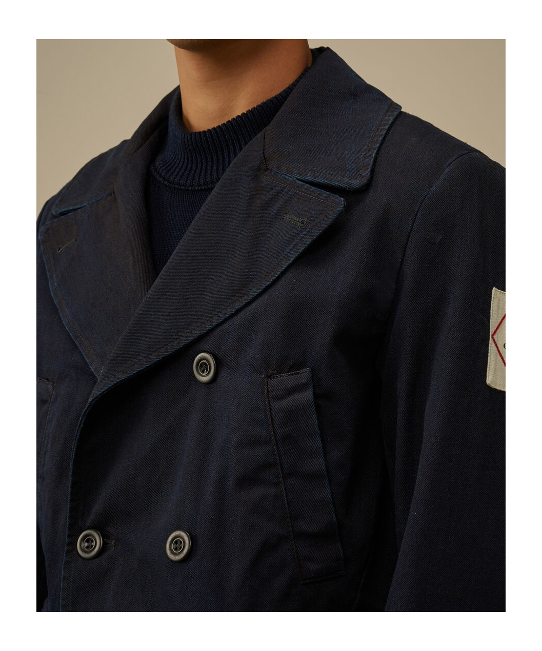 C.p. Company 3/4 Plated Denim Pea Coat In Black