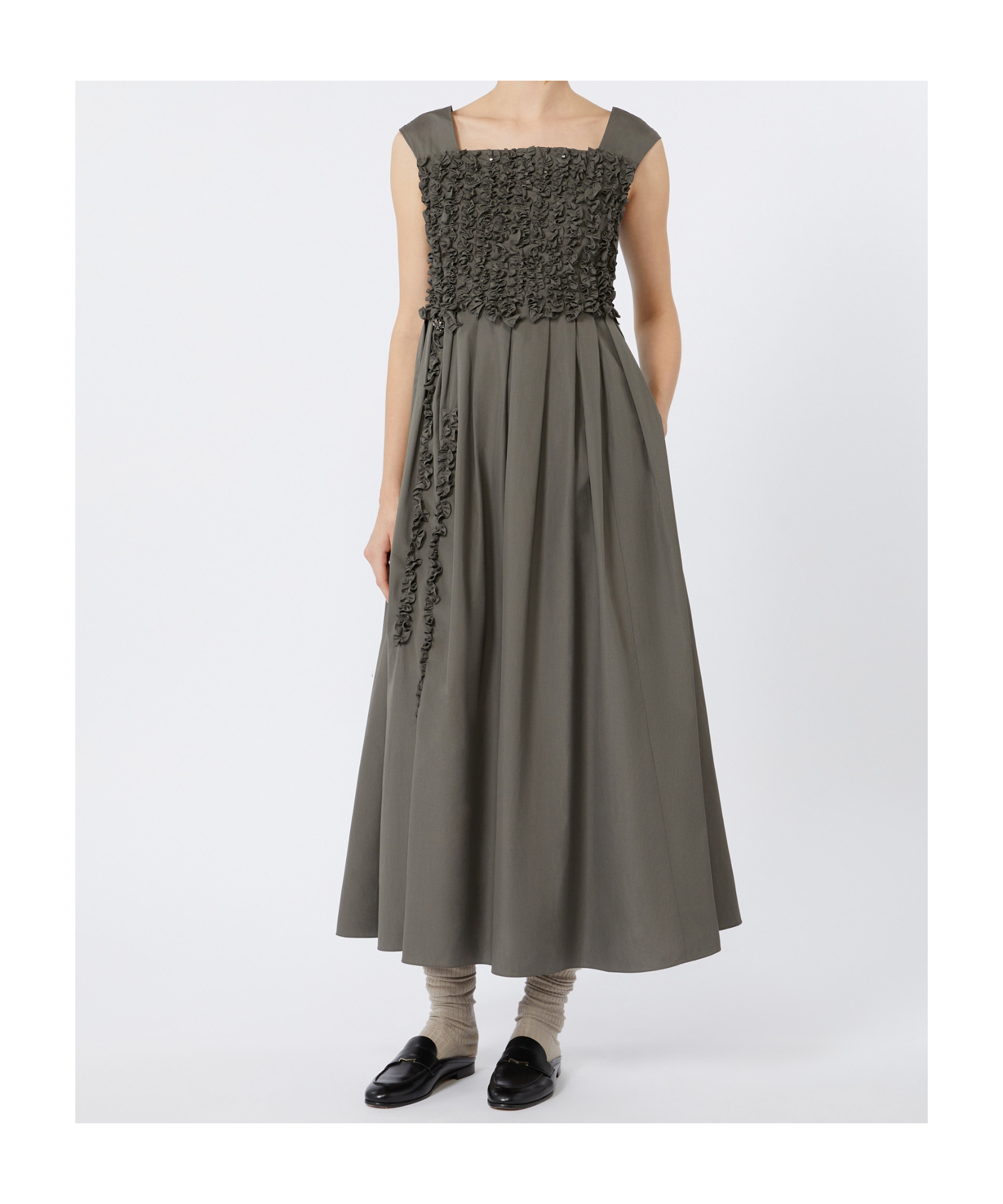 Max Mara Long Pleated Poplin Dress In Gray
