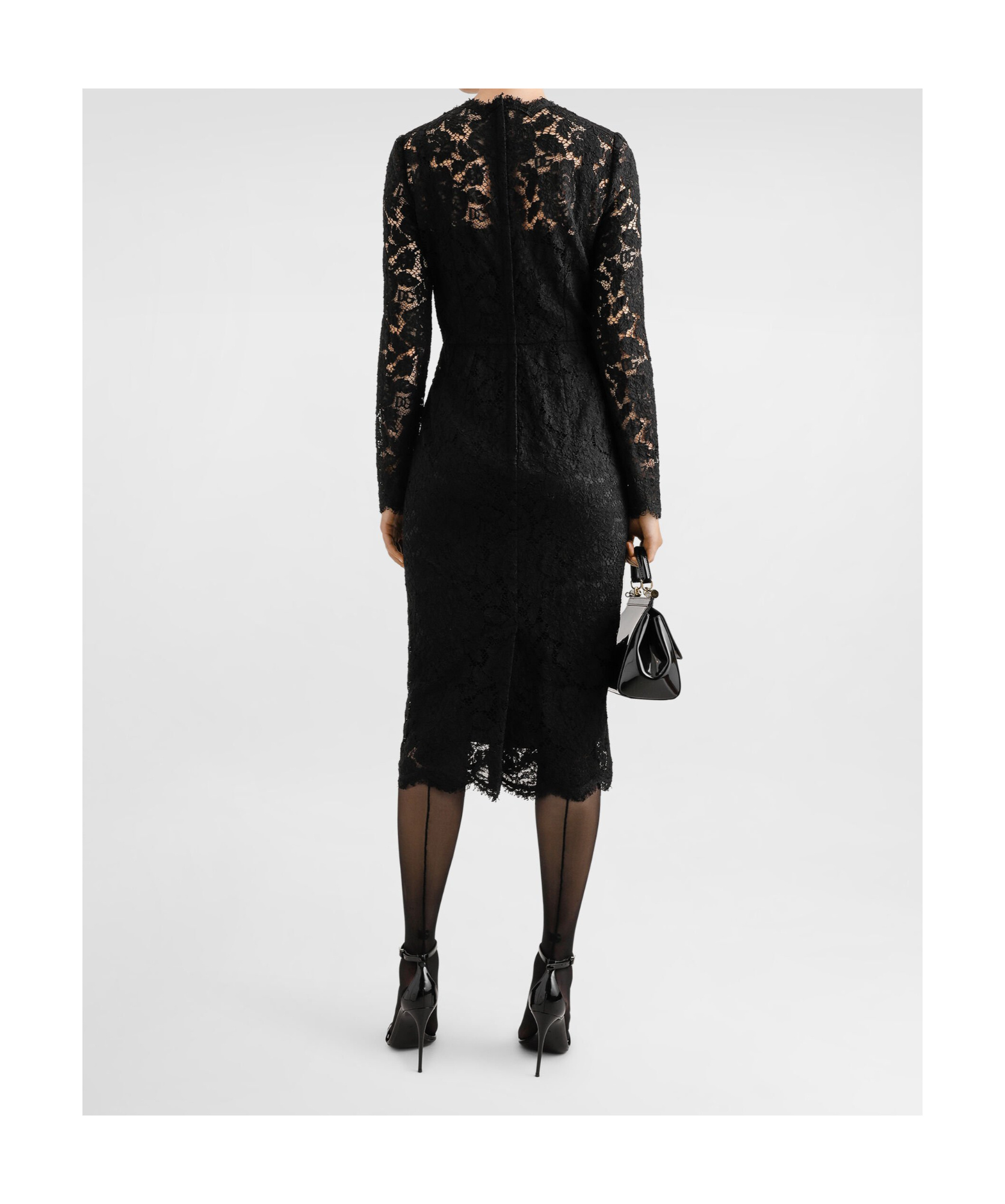 Dolce & Gabbana Long-sleeved Calf-length Dress In Branded Stretch Lace In Black