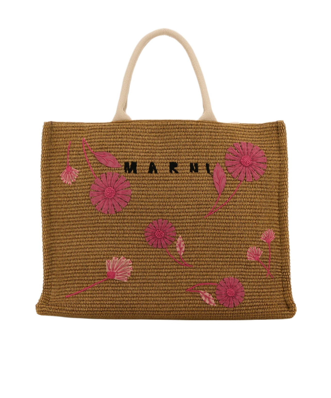Marni Raffia Shopping Bag Embroidered Floral Design In Brown