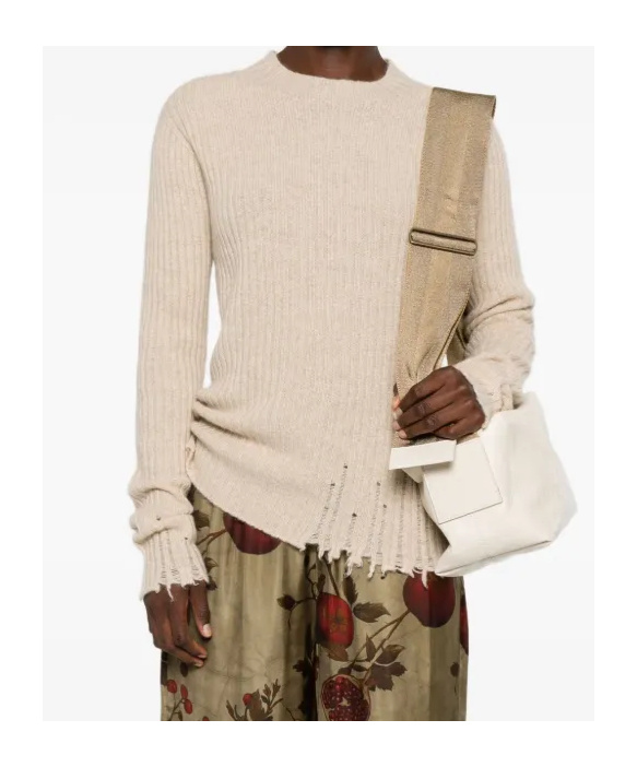 Uma Wang Ribbed Frayed-trims Sweater In Brown