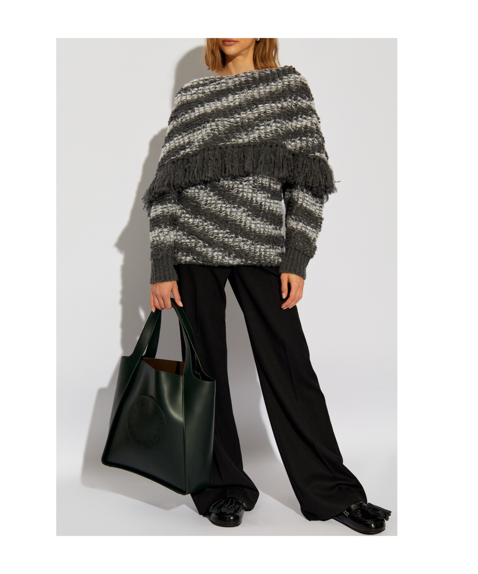 Stella Mccartney Boat-neck Fringed Tiger-pattern Jumper In Black