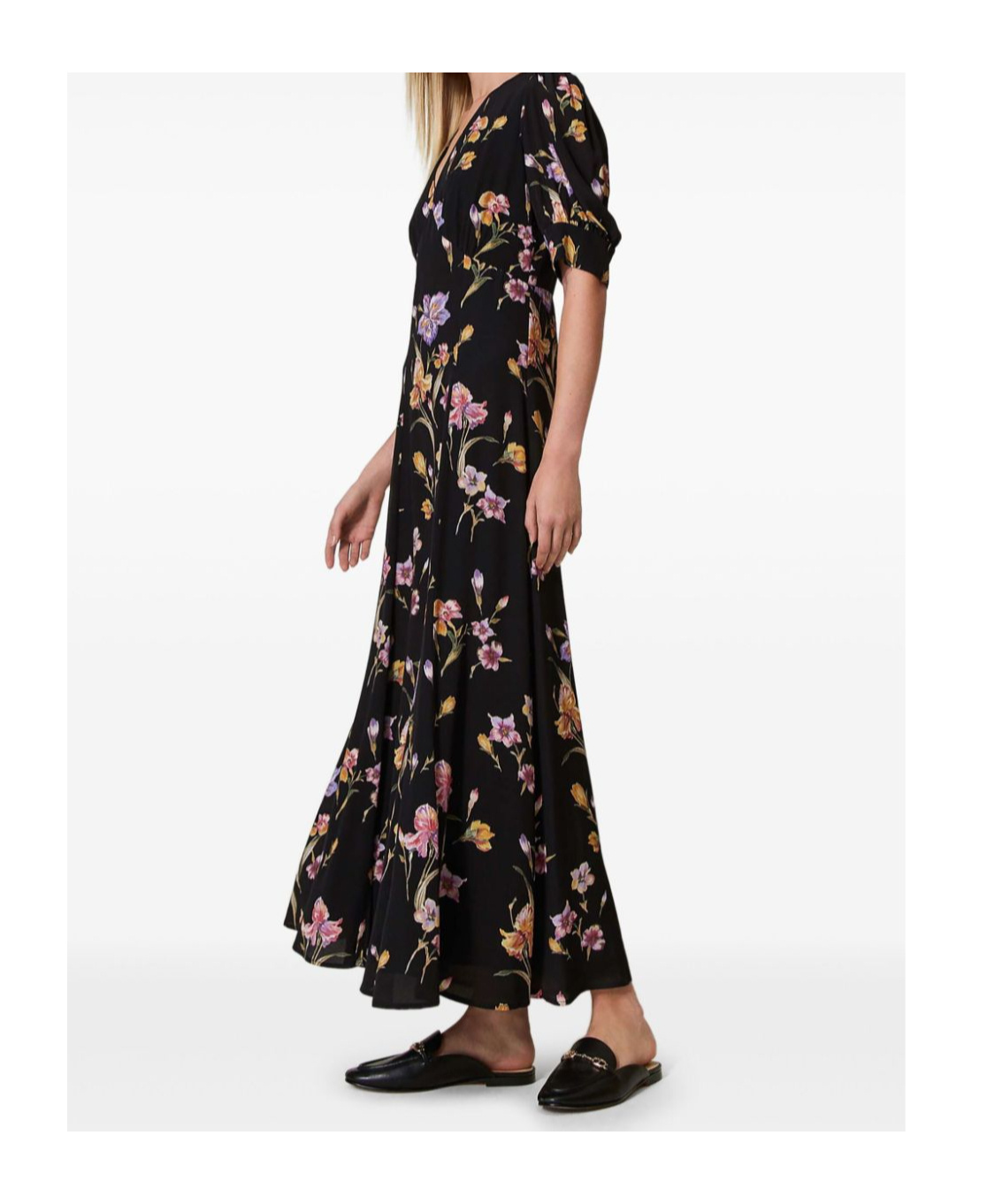 Twinset Floral-print Satin Maxi Dress In Black