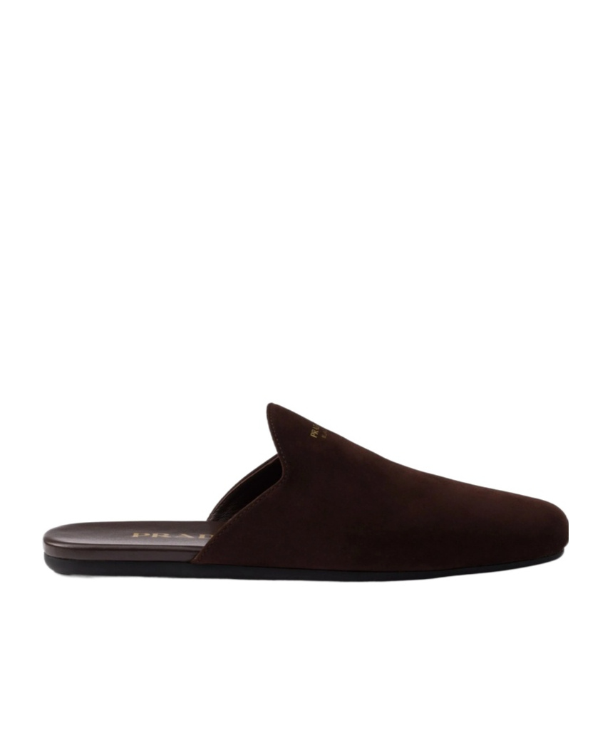 Prada Round Toe Flat Slippers In Brown