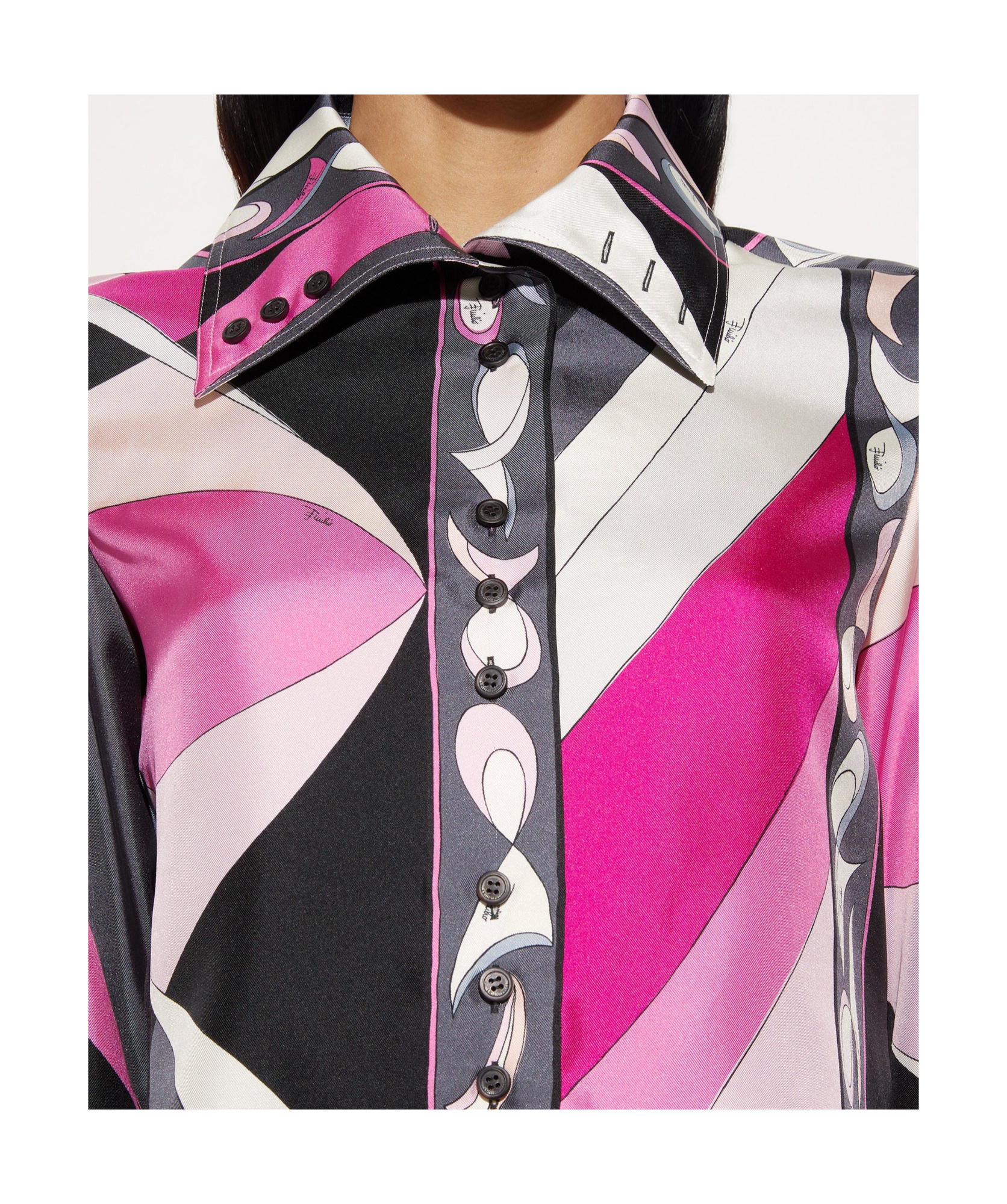 Pucci Pesci Print Cropped Silk Shirt In Black And Fuchsia