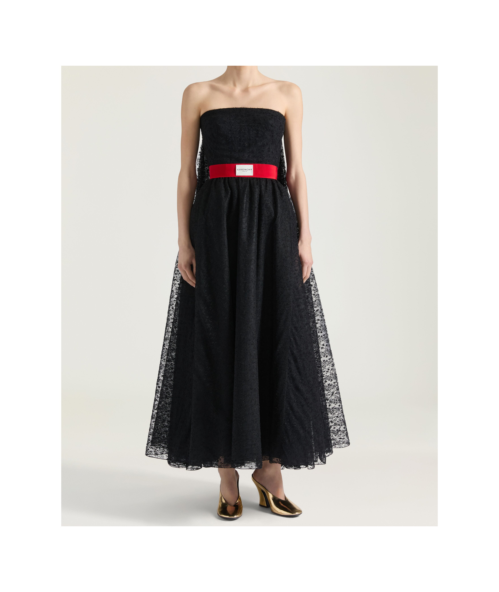 Givenchy Strapless Cape-effect Pleated Webbing-trimmed Lace Midi Dress In Black
