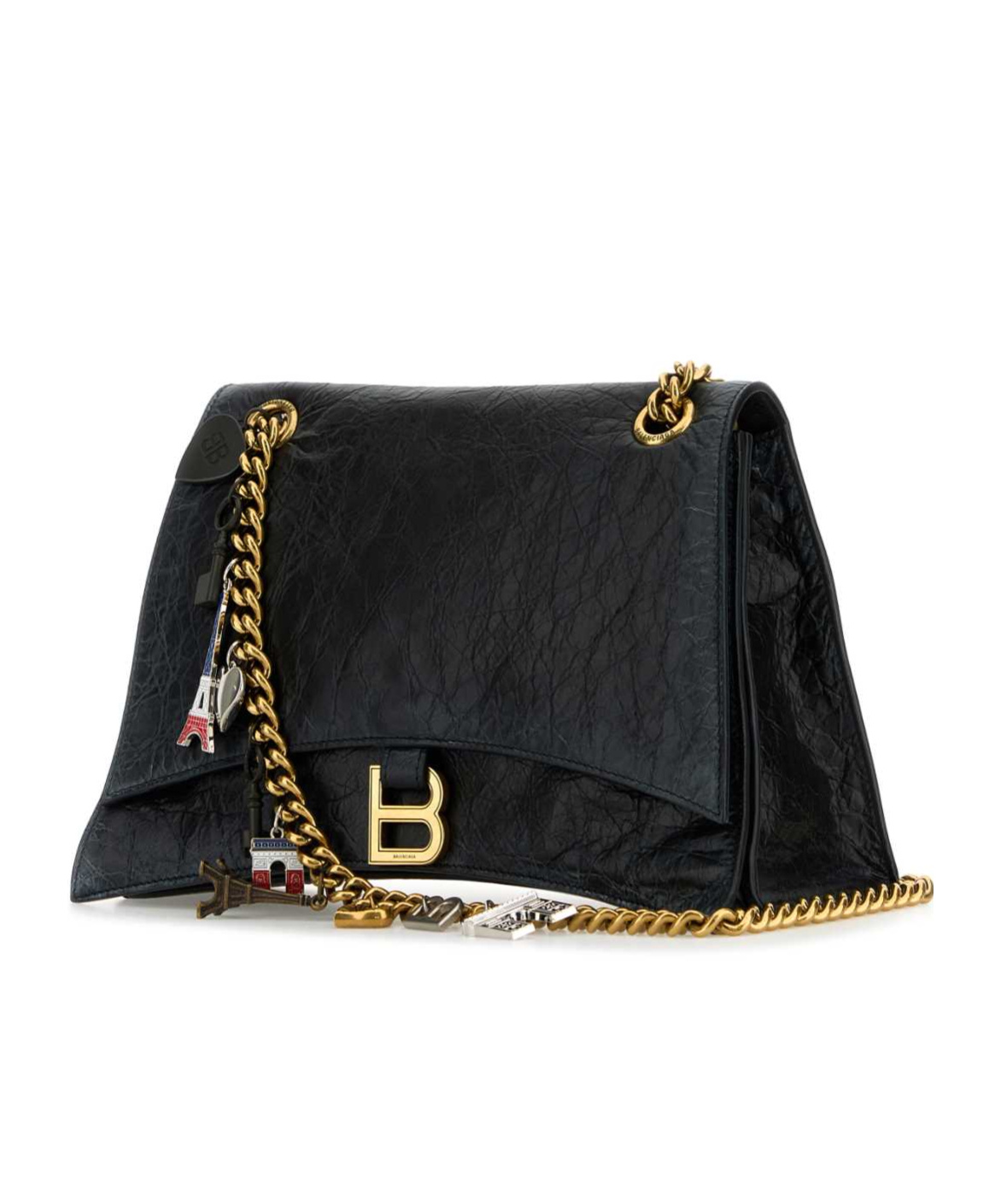 Balenciaga Black Leather Medium Crush Chain Shoulder Bag In Black