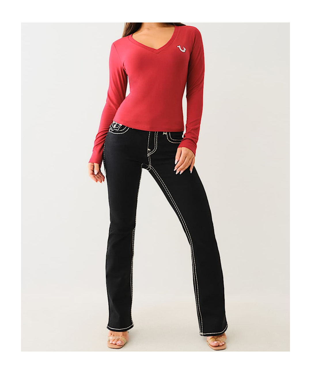 Shop True Religion Crystal Logo Long Sleeve V Neck Tee In Red Dahlia