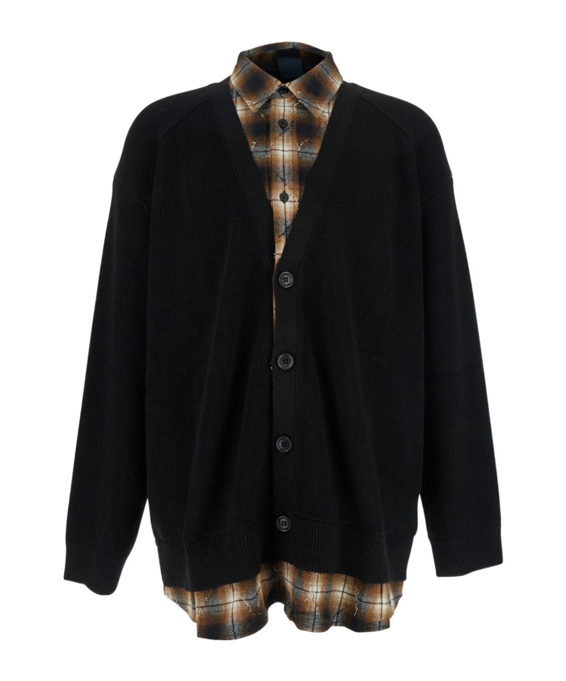 Juunj Button-front Plaid-layered Cardigan In Black