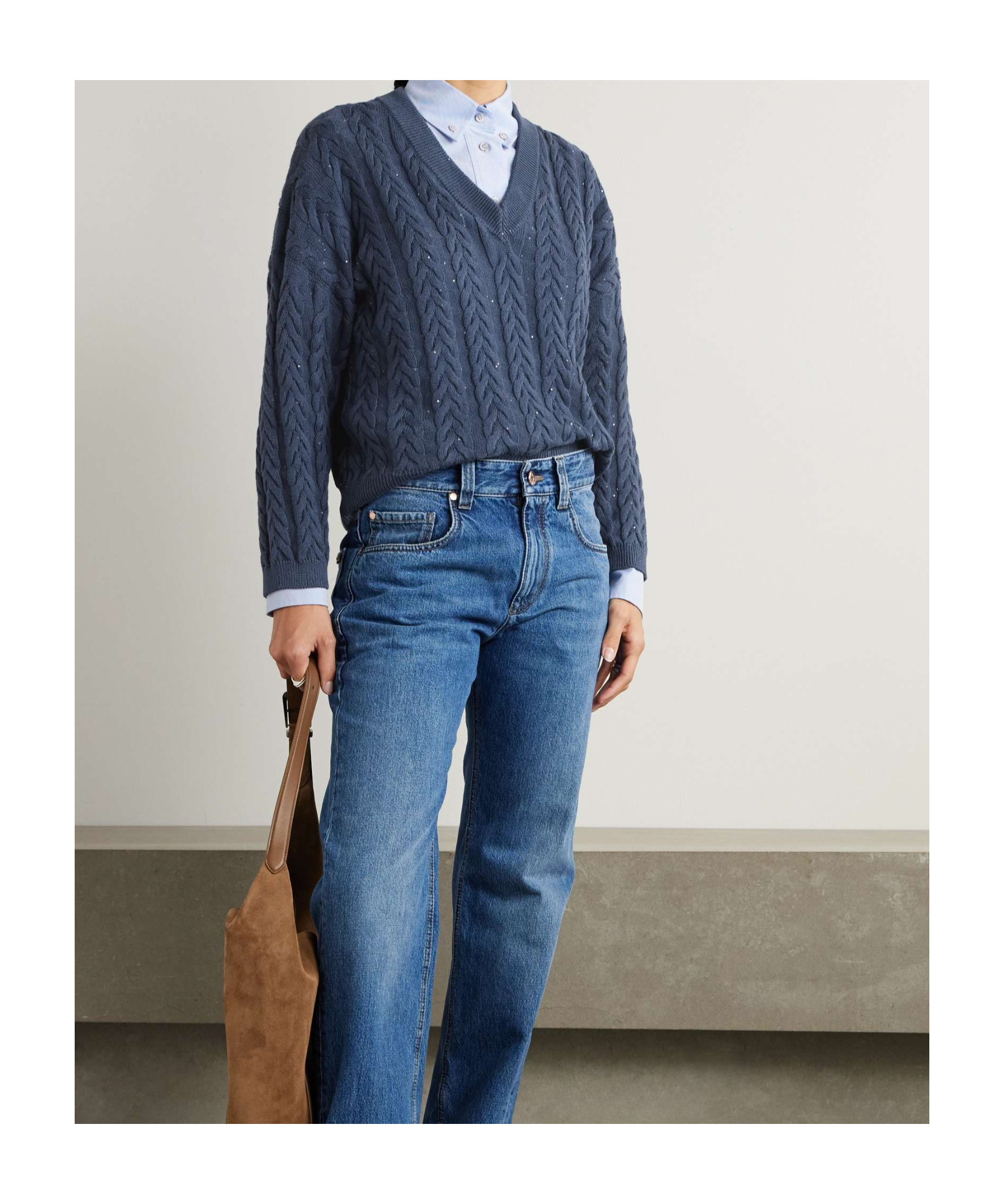 Brunello Cucinelli Cotton Double Cable-knit V-neck Sweater With Micro Pailettes In Blue