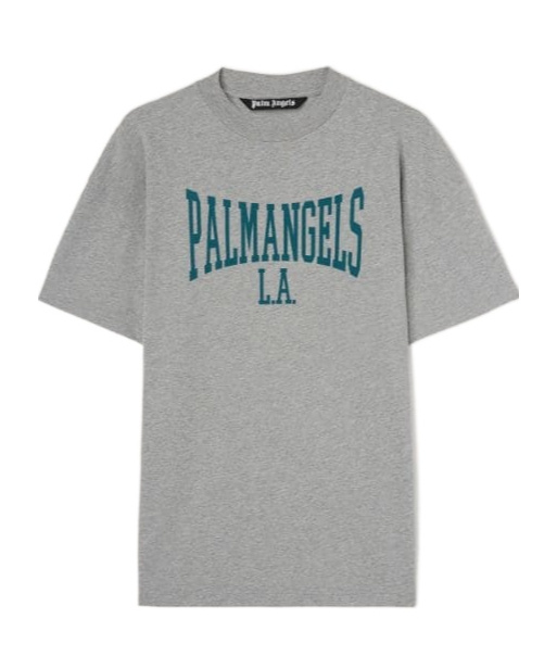 Palm Angels Grey Crewneck T-shirt With College Style Logo On The Front In Cotton Man In Gray