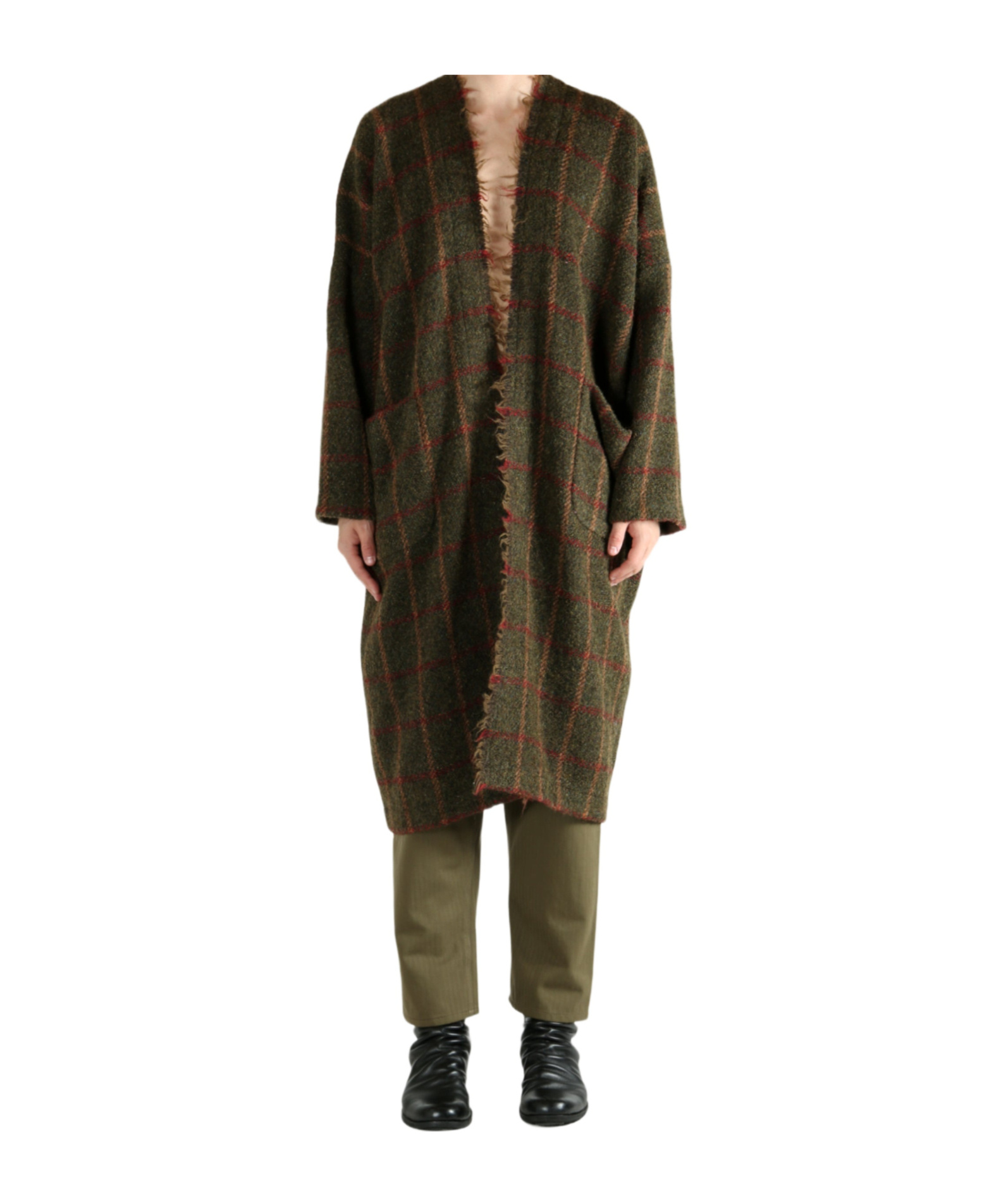 Uma Wang Frayed Check Single-breasted Coat In Brown