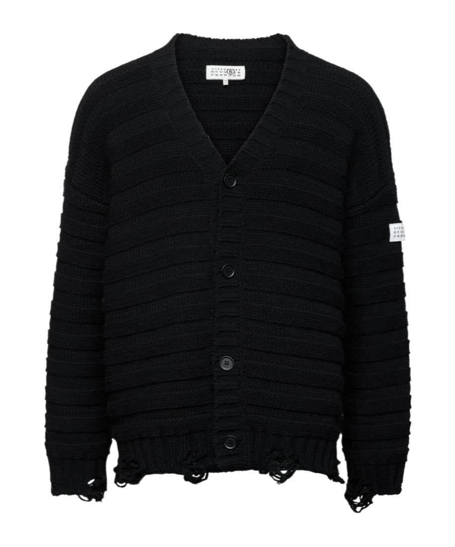 Mm6 Maison Margiela Distressed Wool Blend Cardigan In Black