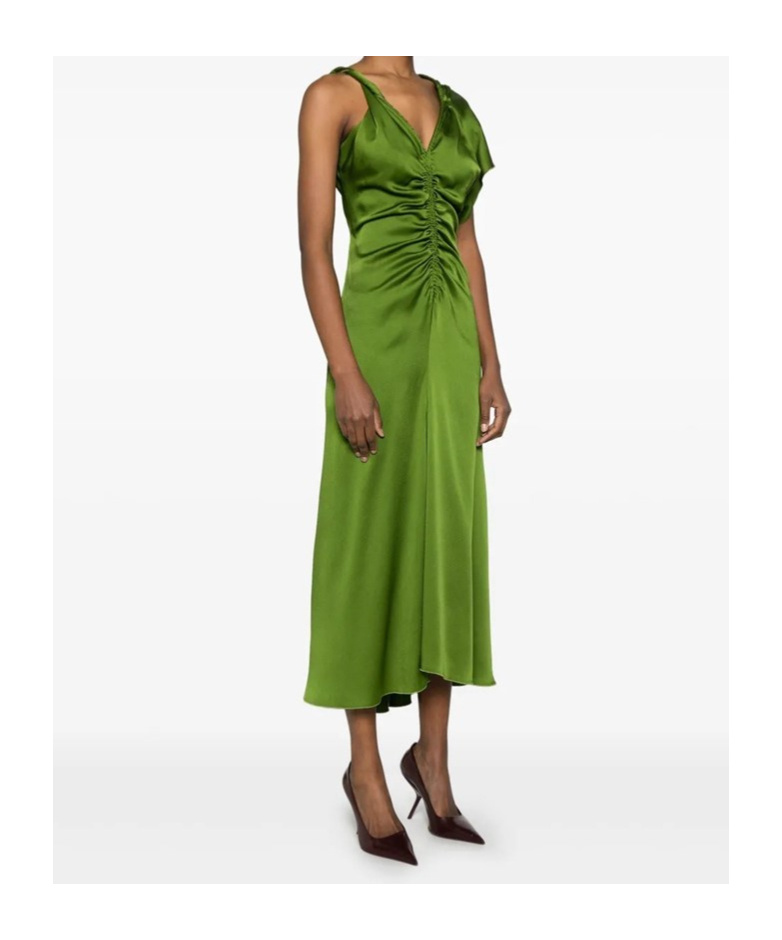 Victoria Beckham Asymmetric Ruched Midi Dress In Green