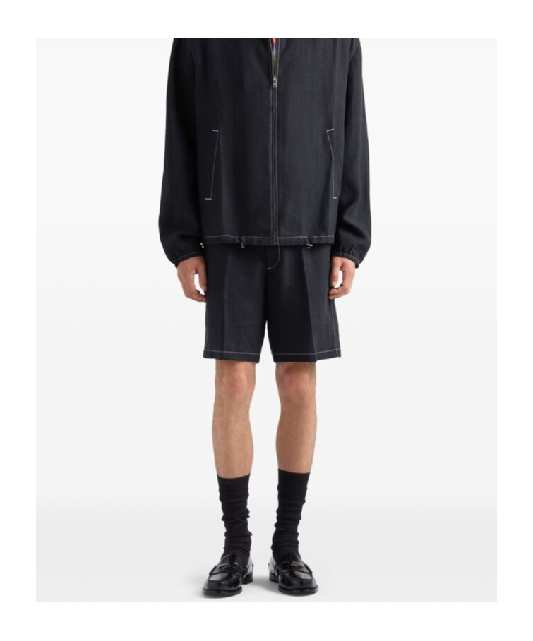 Prada Mens Black Triangle-logo Tailored Linen Bermuda Shorts In Black