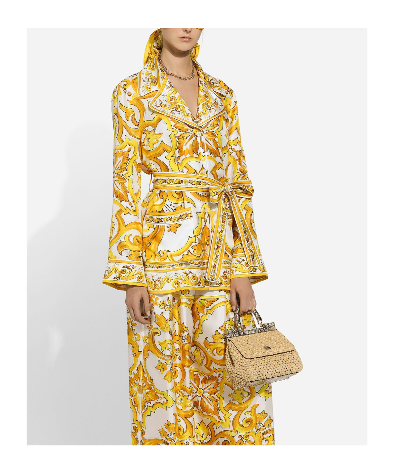 Dolce & Gabbana Silk Majolica Print Pyjama Shirt In Yellow