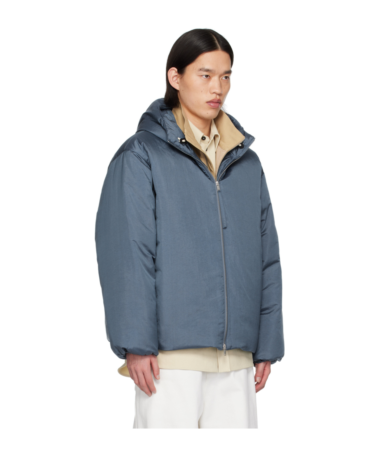 Jil Sander Blue Hooded Down Jacket In Gray