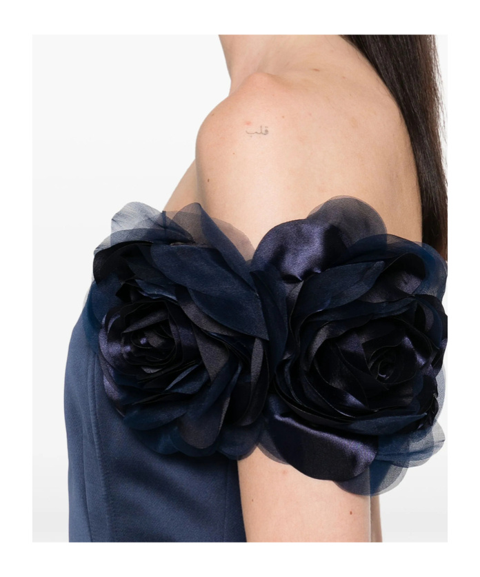 Elisabetta Franchi Floral-appliqué Duchess Satin Mini Dress In Blue