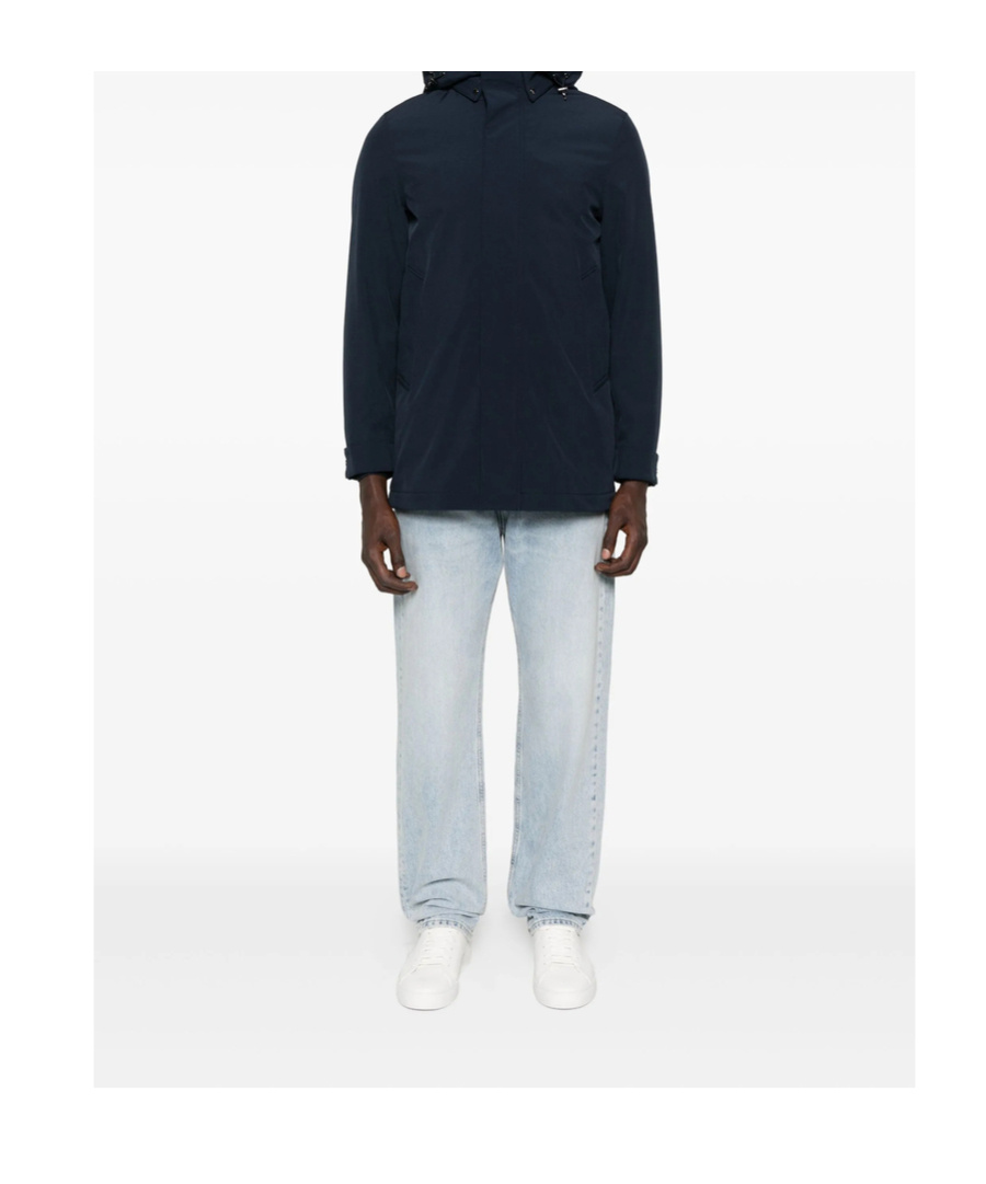 Woolrich Navy Blue Hooded Jacket With Concealed Fastening In Blue