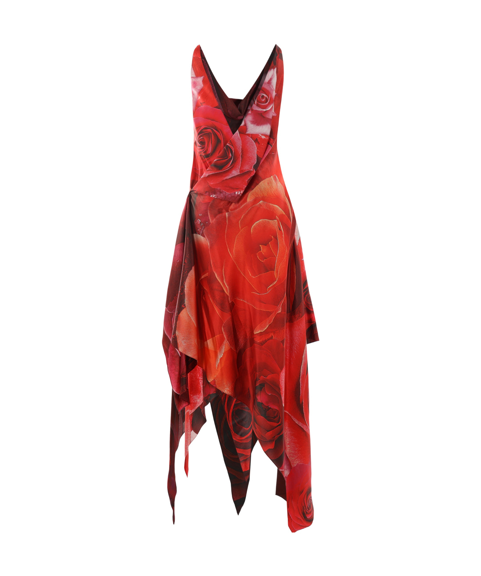 Roberto Cavalli Dress With Asymmetric Skirt And Rose Print In Red