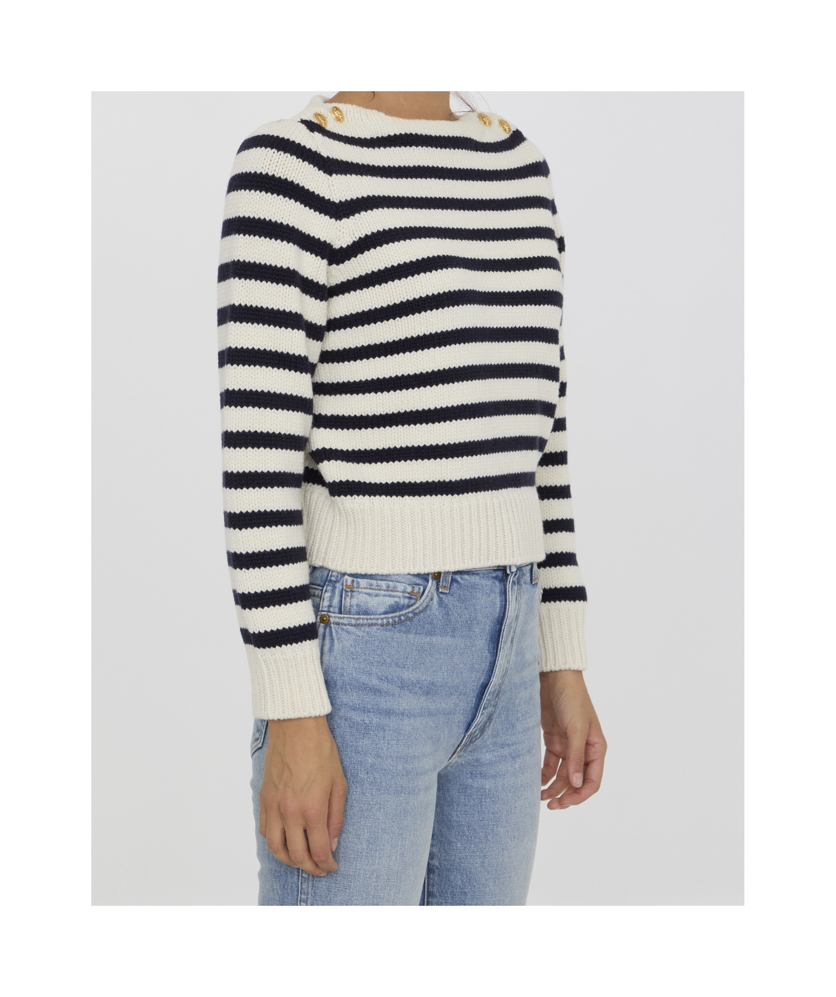 Celine Striped Crew-neck Sweater With Golden-effect Buttons In White